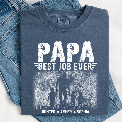 Papa Best Job Ever Shirt - Comfort Colors Custom Kids Names Tee - Father's Day Gift for Grandpa
