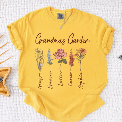 Comfort Colors Grandma's Garden Shirt, Personalized Floral Grandma T-Shirt with Grandkids' Names, Custom Flower Tee for Grandma, Mother's Day Gift