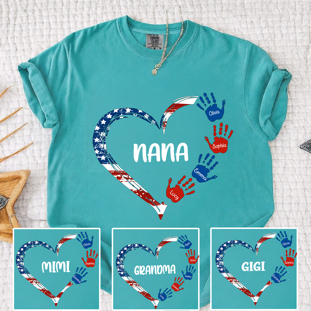 Comfort Color Personalized Nana Shirt Patriotic Heart Handprint Design Custom Grandma Mimi Gigi Name Tee with Grandkids Names Family 4th of July Outfit