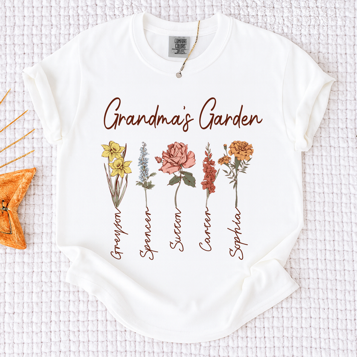 Comfort Colors Grandma's Garden Shirt, Personalized Floral Grandma T-Shirt with Grandkids' Names, Custom Flower Tee for Grandma, Mother's Day Gift