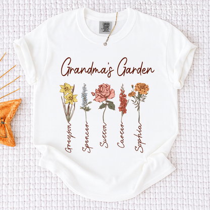 Comfort Colors Grandma's Garden Shirt, Personalized Floral Grandma T-Shirt with Grandkids' Names, Custom Flower Tee for Grandma, Mother's Day Gift