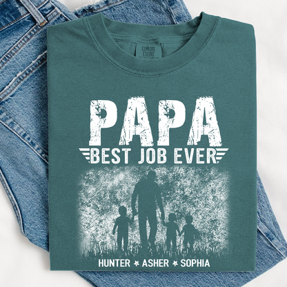 Papa Best Job Ever Shirt - Comfort Colors Custom Kids Names Tee - Father's Day Gift for Grandpa
