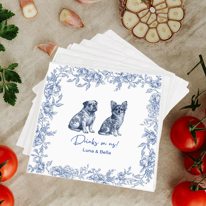 Custom Dog-Themed Napkins with Names – Blue Floral Cocktail Napkins for Weddings & Parties Napkinds