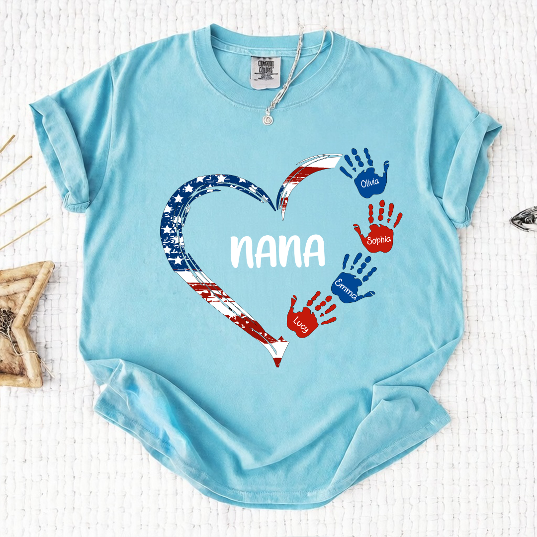 Comfort Color Personalized Nana Shirt Patriotic Heart Handprint Design Custom Grandma Mimi Gigi Name Tee with Grandkids Names Family 4th of July Outfit