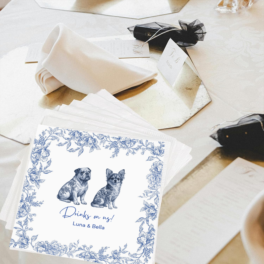 Custom Dog-Themed Napkins with Names – Blue Floral Cocktail Napkins for Weddings & Parties Napkinds