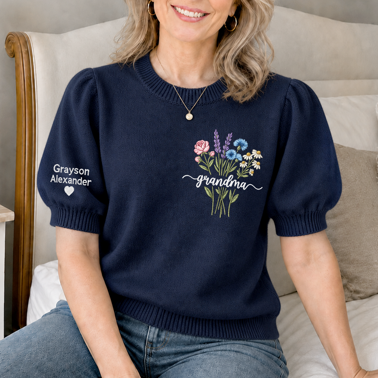 Embroidered Grandma Wildflower Knit Sweater, Personalized Crewneck, Custom Sleeve Name and Heart, Gift for Nana