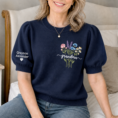 Embroidered Grandma Wildflower Knit Sweater, Personalized Crewneck, Custom Sleeve Name and Heart, Gift for Nana