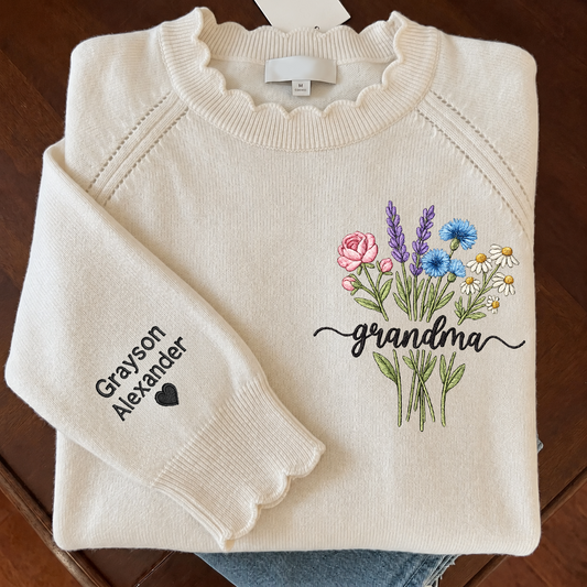Embroidered Grandma Wildflower Knit Sweater, Personalized Crewneck, Custom Sleeve Name and Heart, Gift for Nana