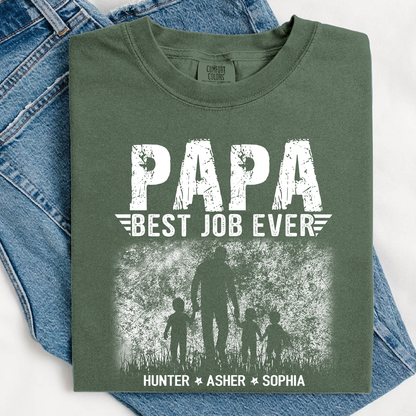 Papa Best Job Ever Shirt - Comfort Colors Custom Kids Names Tee - Father's Day Gift for Grandpa