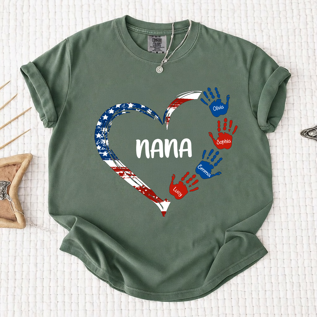 Comfort Color Personalized Nana Shirt Patriotic Heart Handprint Design Custom Grandma Mimi Gigi Name Tee with Grandkids Names Family 4th of July Outfit
