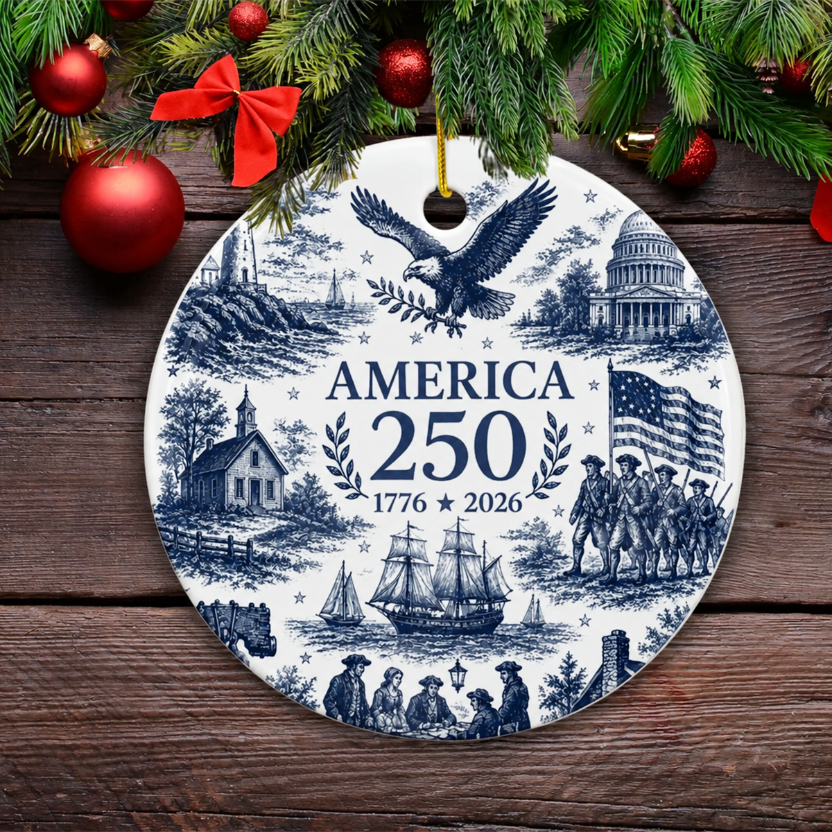 America 250 Christmas Ornament 1776-2026, Patriotic Ceramic Ornament, USA 250th Anniversary Gift, Made in USA Keepsake