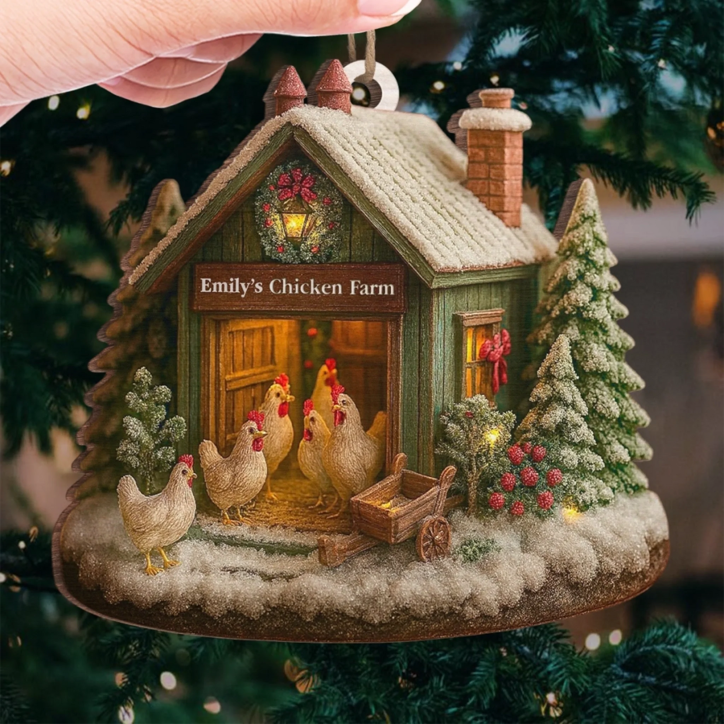 Custom Wood Chicken Farm Ornament – Personalized Christmas Gift for Women, Men, Farmhouse Lovers