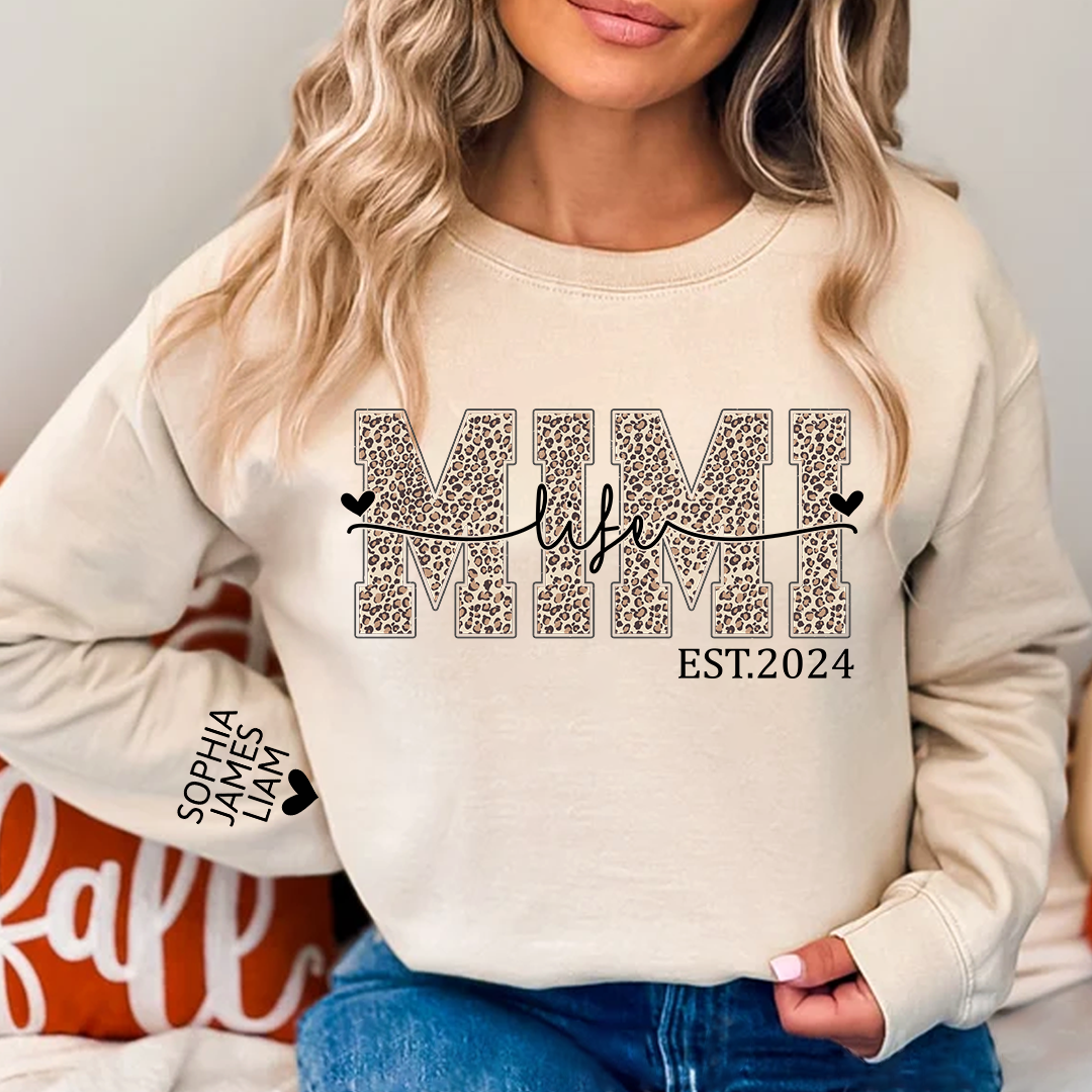 Mimi Life Leopard Sweatshirt, Personalized Grandma Est With Grandchildren Names