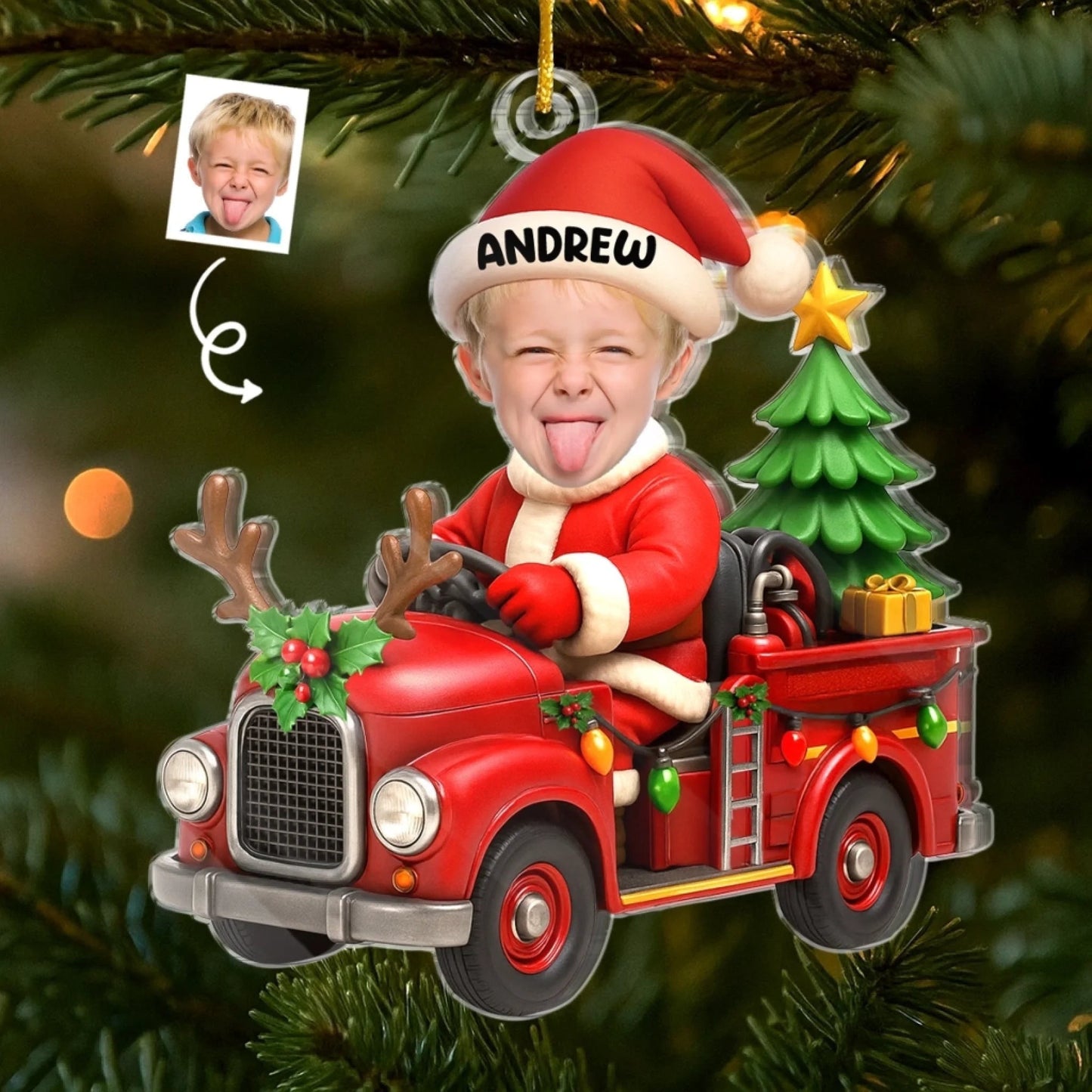 Custom Photo Acrylic Ornament, Personalized Christmas Birthday Gifts For Kids, Driving Into Holiday Magic