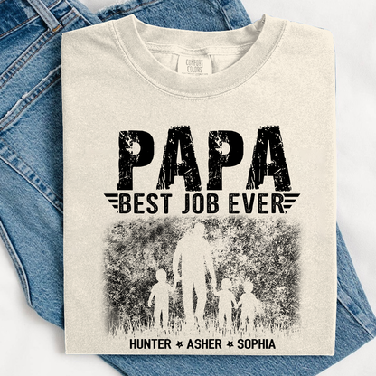 Papa Best Job Ever Shirt - Comfort Colors Custom Kids Names Tee - Father's Day Gift for Grandpa