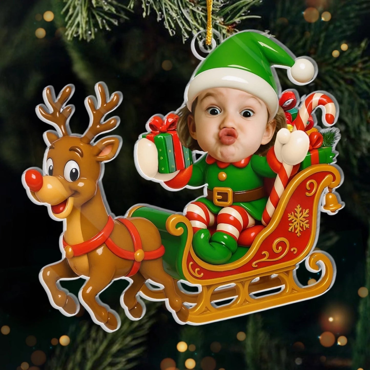 Custom Photo Acrylic Ornament, Personalized Christmas Birthday Gifts For Kids, Sleigh Bells Fun
