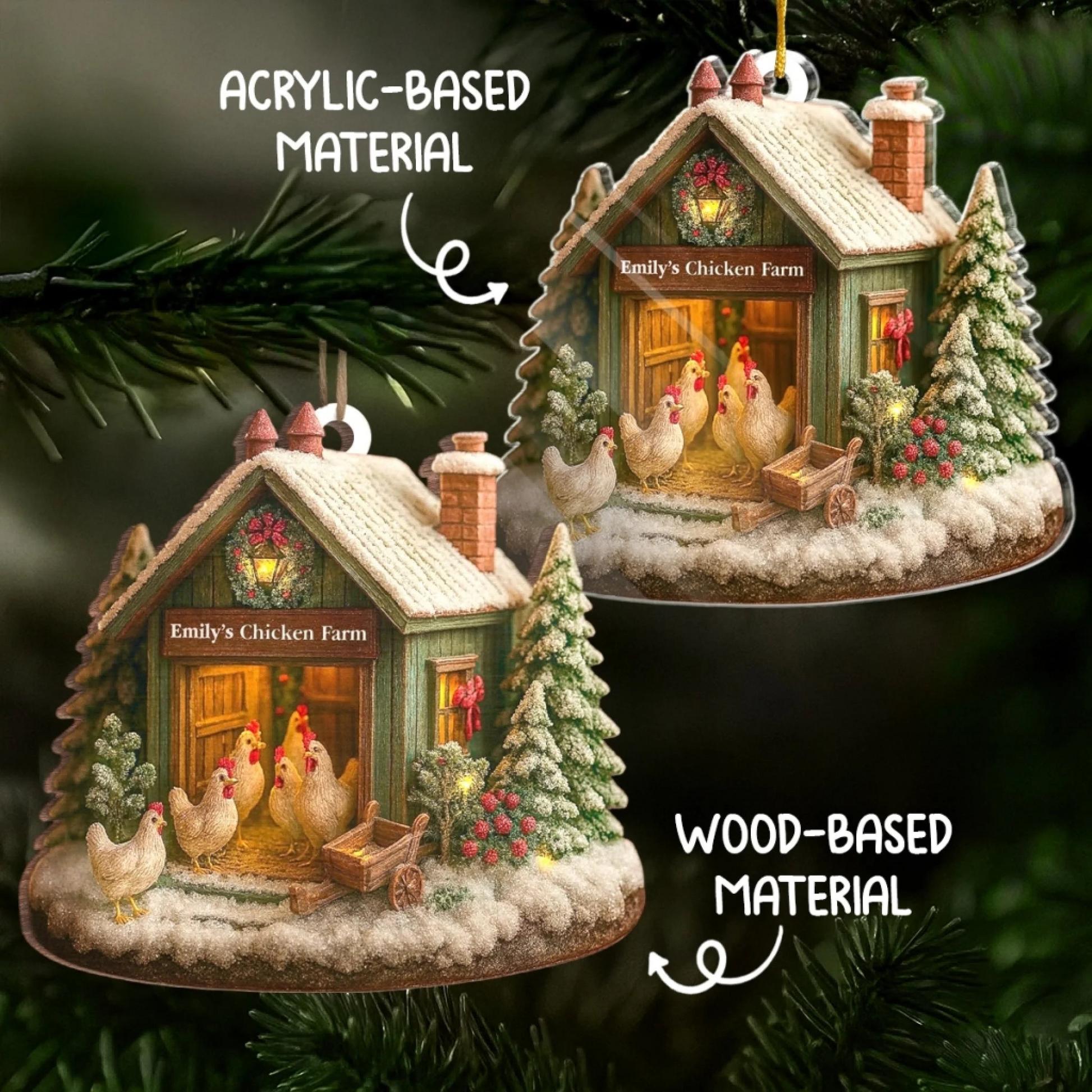 Custom Wood Chicken Farm Ornament – Personalized Christmas Gift for Women, Men, Farmhouse Lovers