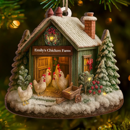 Custom Wood Chicken Farm Ornament – Personalized Christmas Gift for Women, Men, Farmhouse Lovers