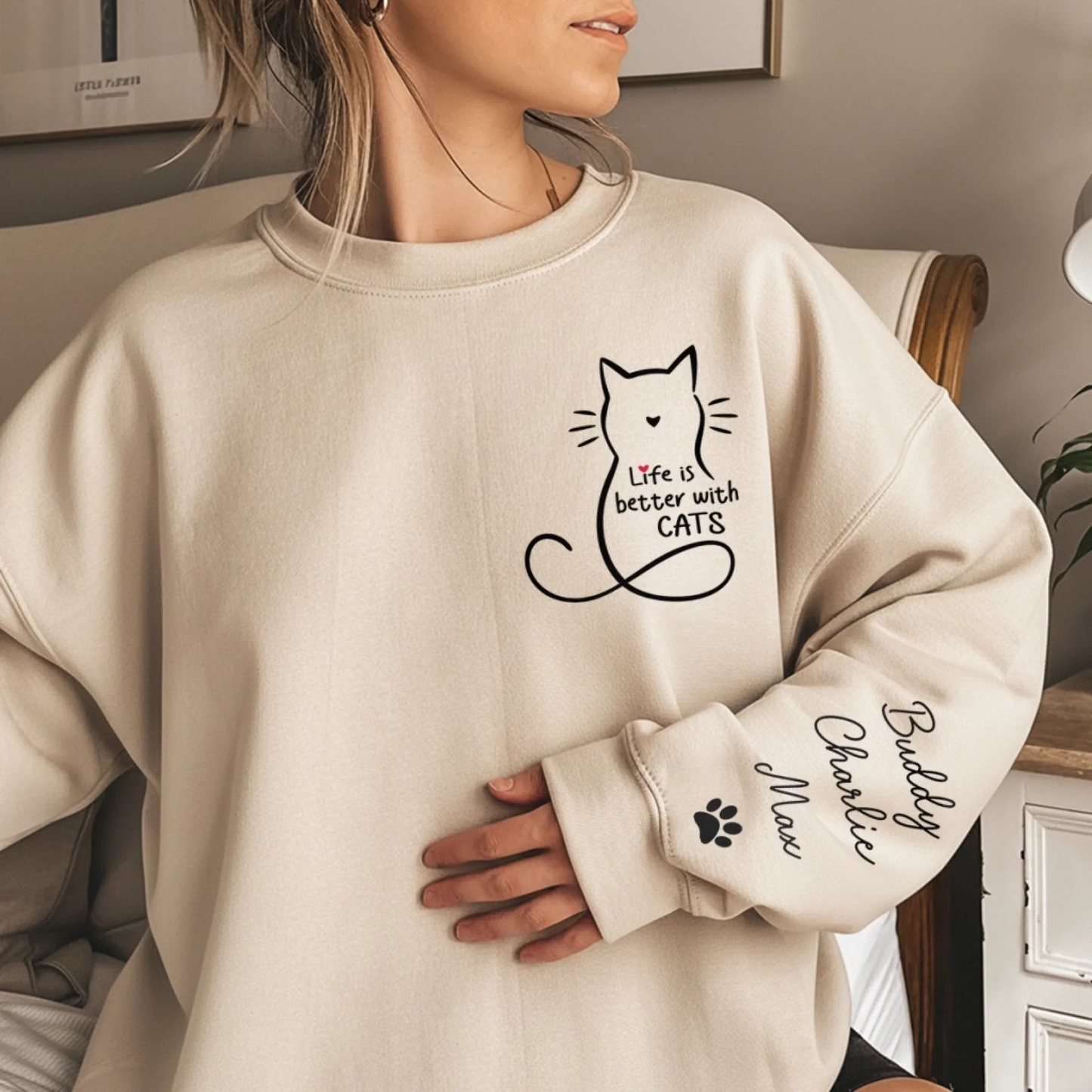 Personalized Cat Lover Sweatshirt Life Is Better With Cats, Custom Name Cozy Crewneck for Cat Moms