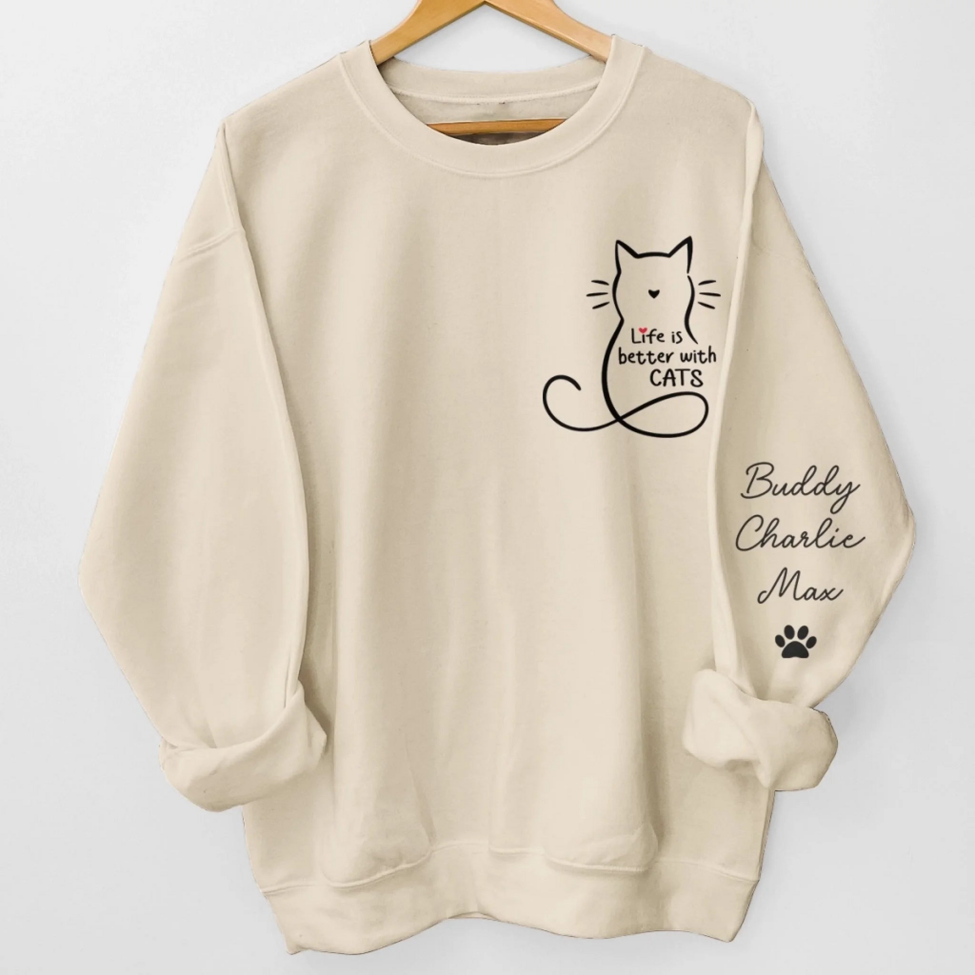 Personalized Cat Lover Sweatshirt Life Is Better With Cats, Custom Name Cozy Crewneck for Cat Moms