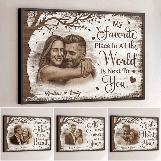Personalized Couple with Photo and Names Canvas, My Favorite Place Is Next to You Rustic Wall Art