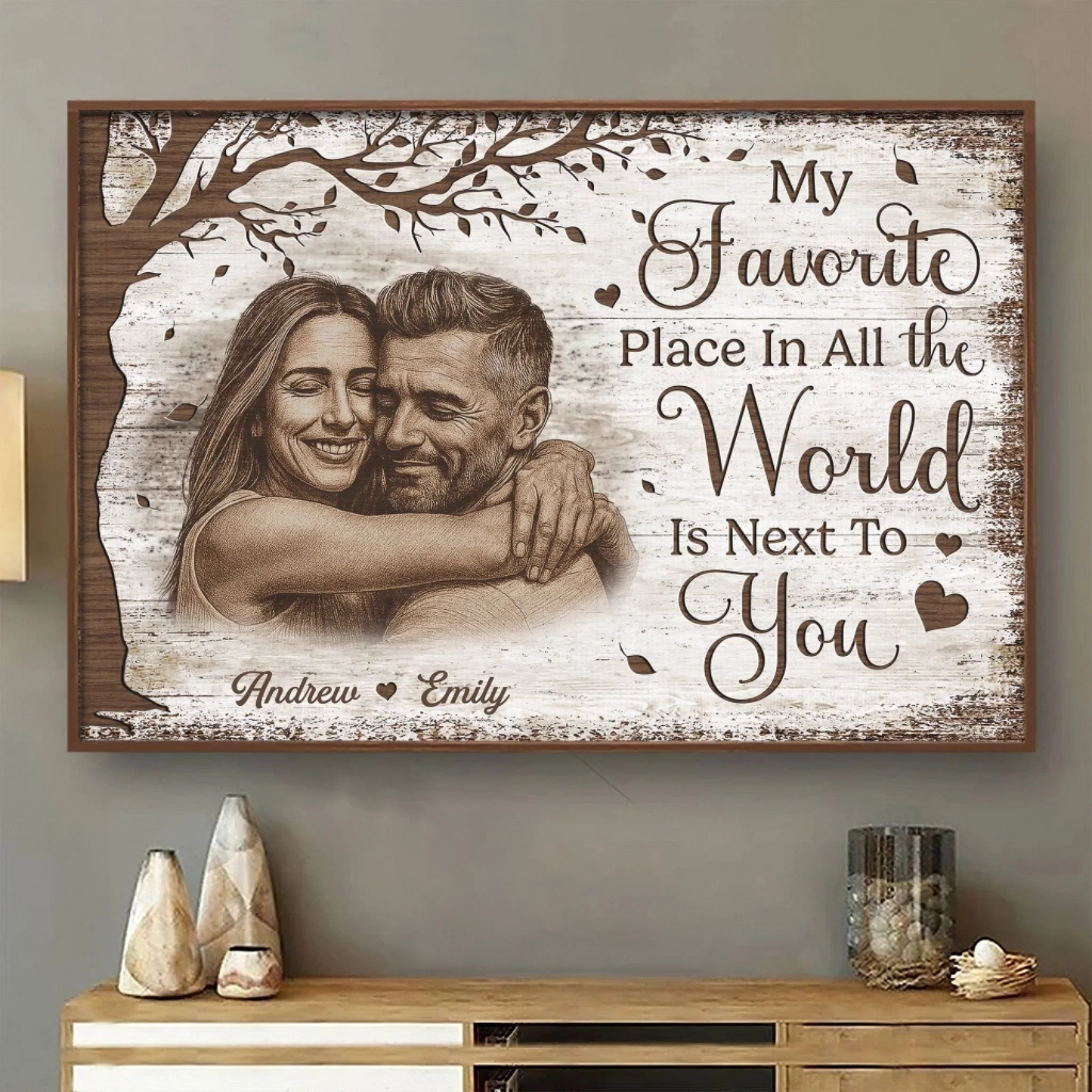 Personalized Couple with Photo and Names Canvas, My Favorite Place Is Next to You Rustic Wall Art