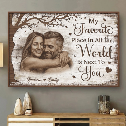 Personalized Couple with Photo and Names Canvas, My Favorite Place Is Next to You Rustic Wall Art