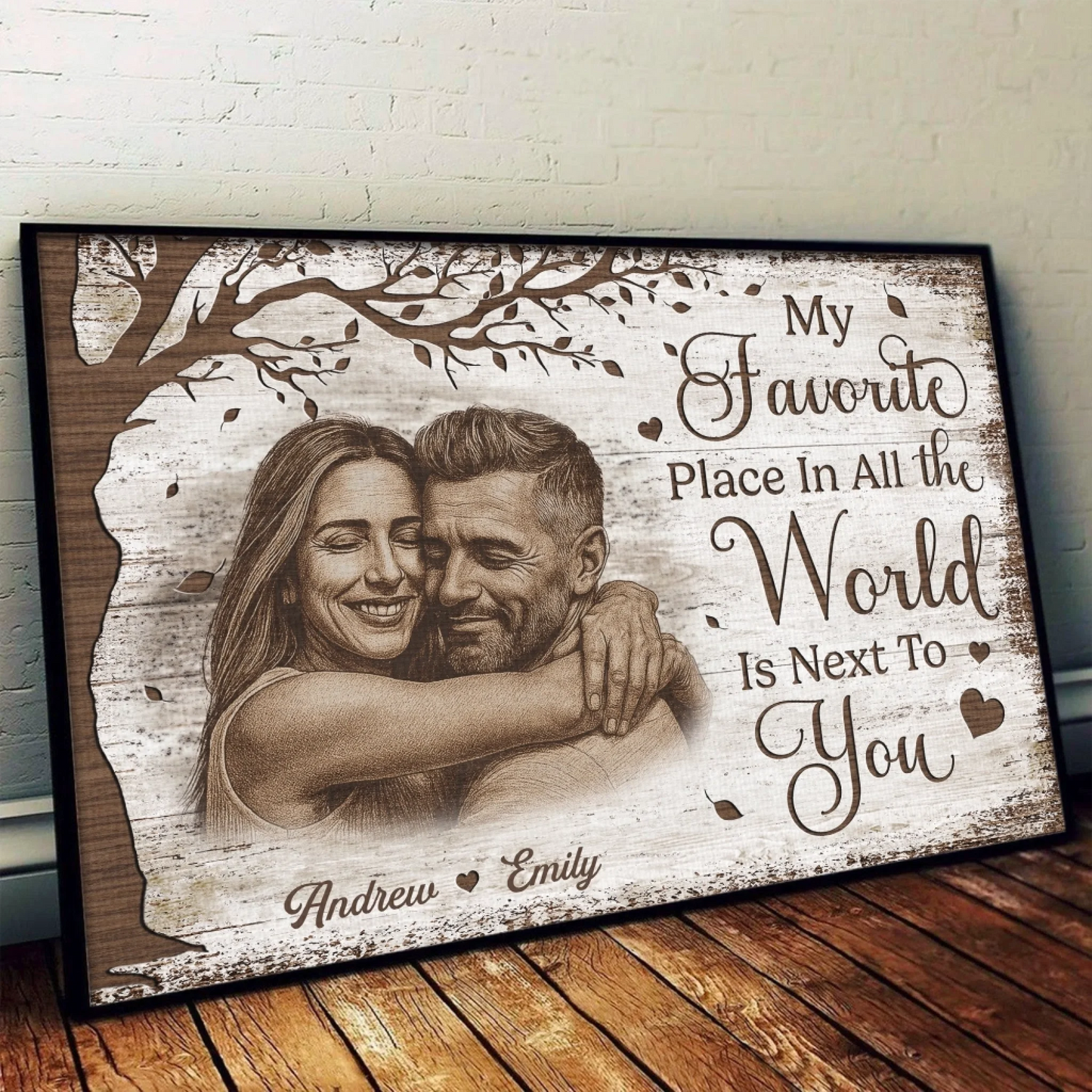 Personalized Couple with Photo and Names Canvas, My Favorite Place Is Next to You Rustic Wall Art