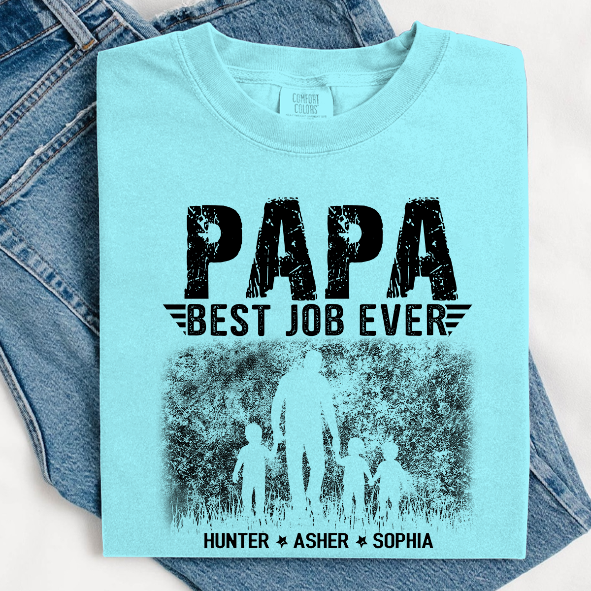 Papa Best Job Ever Shirt - Comfort Colors Custom Kids Names Tee - Father's Day Gift for Grandpa