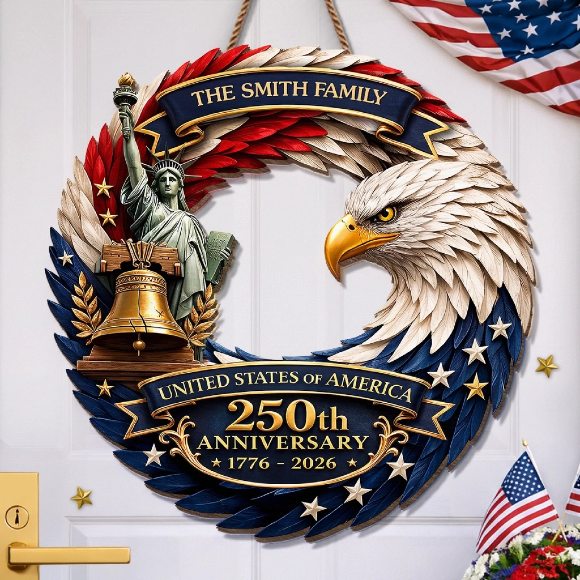 Custom Personalized America 250th Anniversary Wood Sign, Bald Eagle Patriotic Gift for Mom, Dad, Brother, Sister, Kids