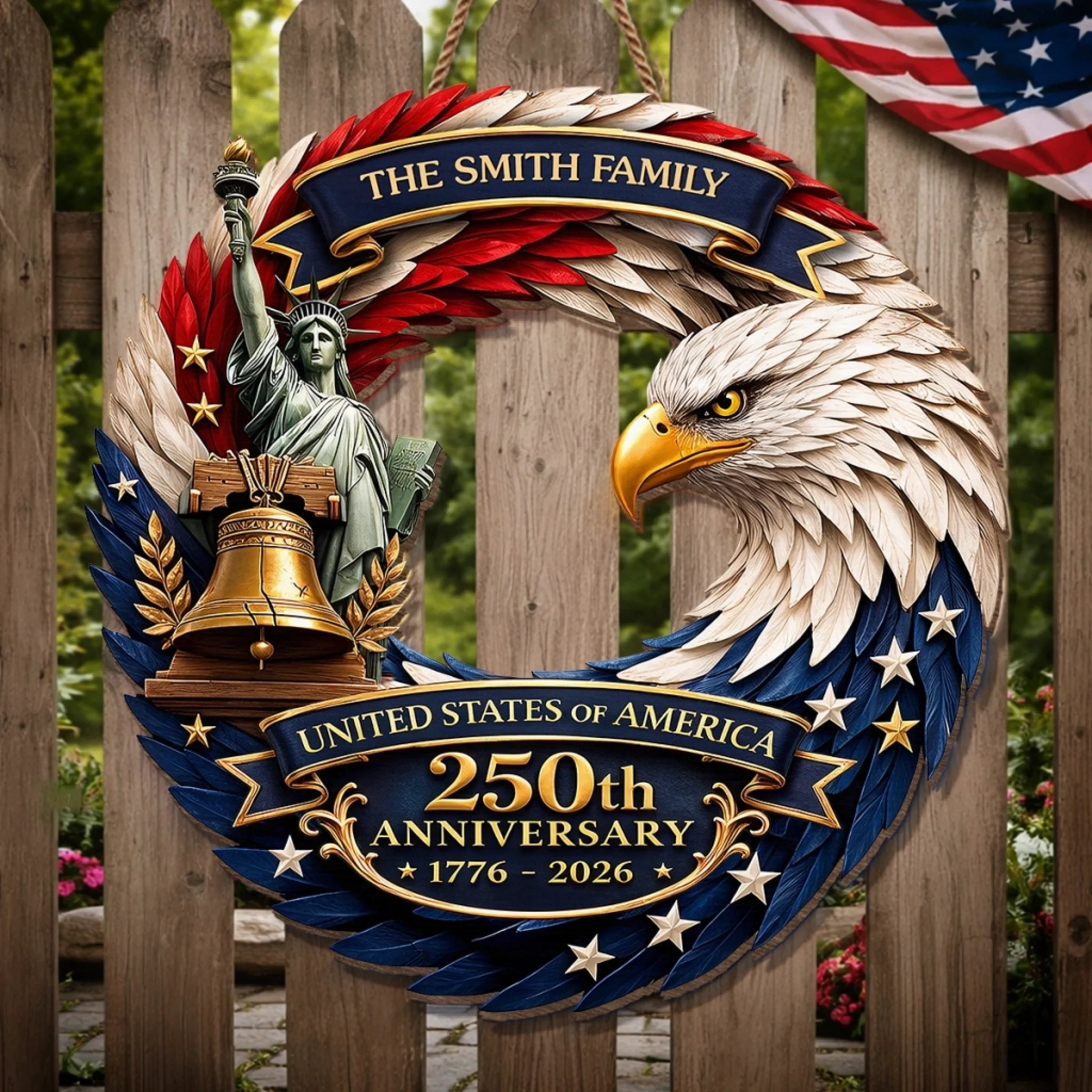Custom Personalized America 250th Anniversary Wood Sign, Bald Eagle Patriotic Gift for Mom, Dad, Brother, Sister, Kids