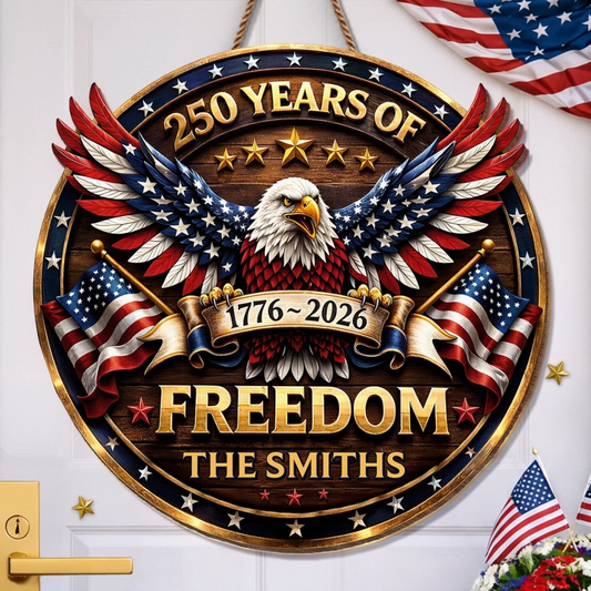 Personalized American Eagle Wood Sign, 250 Years of Freedom 1776-2026, Custom Family Name Patriotic Decor