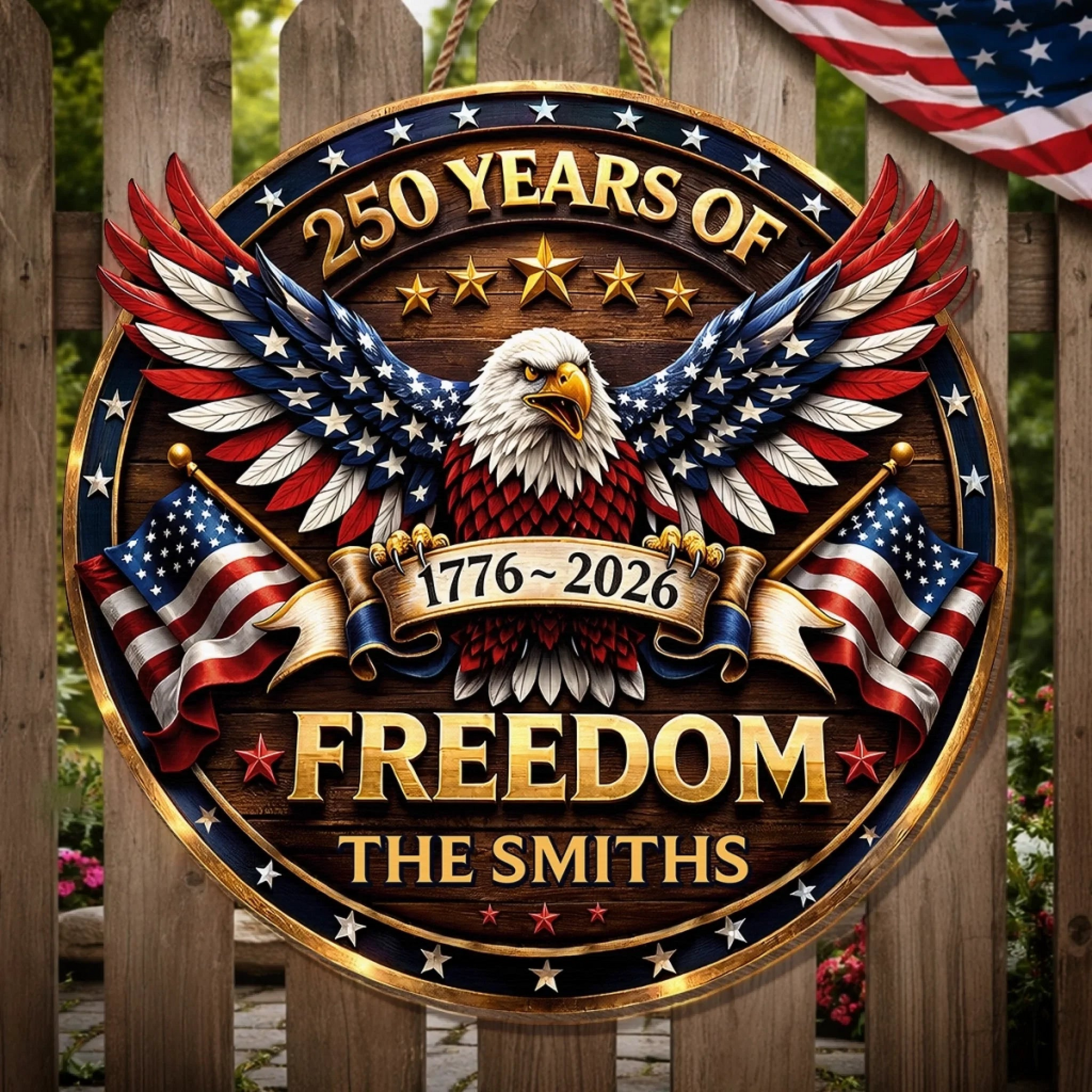 Personalized American Eagle Wood Sign, 250 Years of Freedom 1776-2026, Custom Family Name Patriotic Decor
