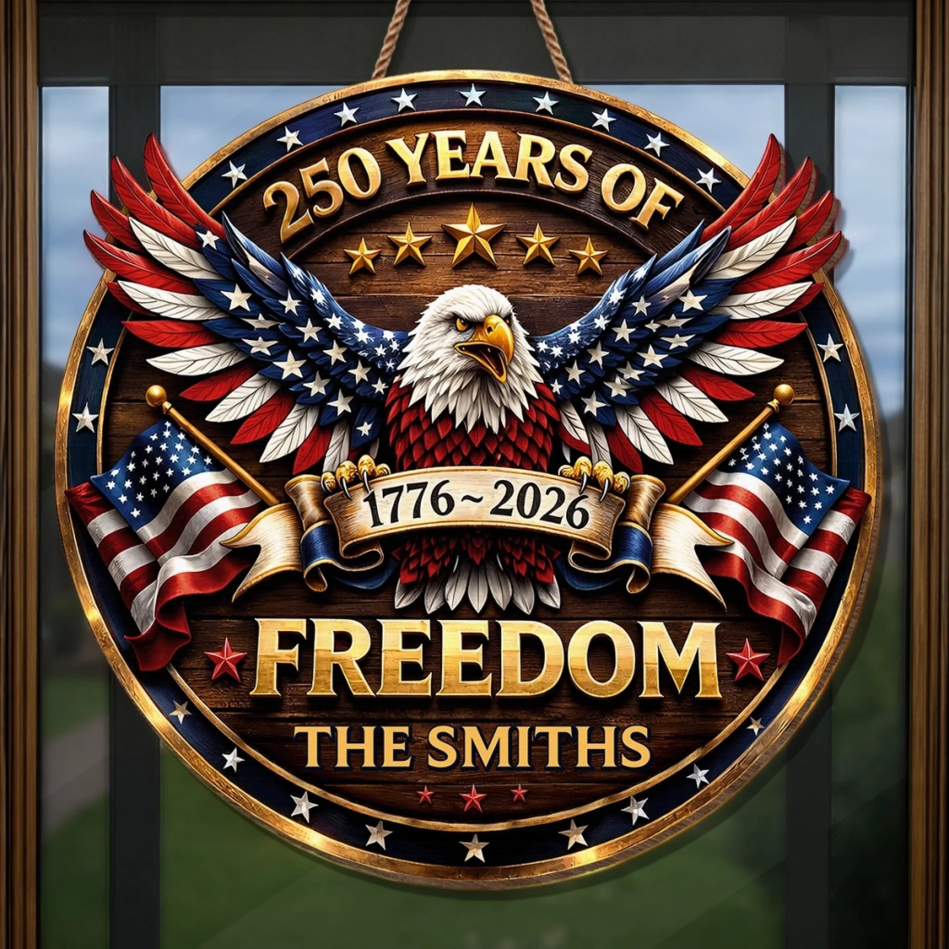 Personalized American Eagle Wood Sign, 250 Years of Freedom 1776-2026, Custom Family Name Patriotic Decor