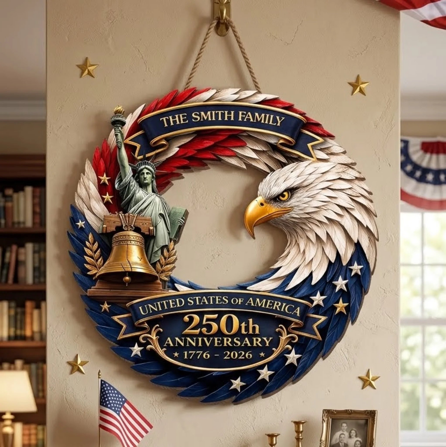 Custom Personalized America 250th Anniversary Wood Sign, Bald Eagle Patriotic Gift for Mom, Dad, Brother, Sister, Kids