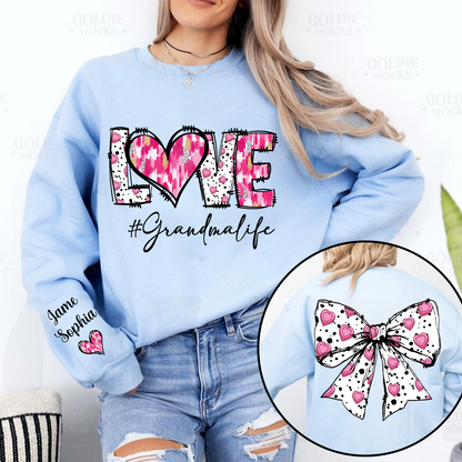 Custom LOVE Grandma Sweatshirt with Pink Heart Bow Design - Personalized with Grandkids' Names - Thoughtful Gift for Grandmothers