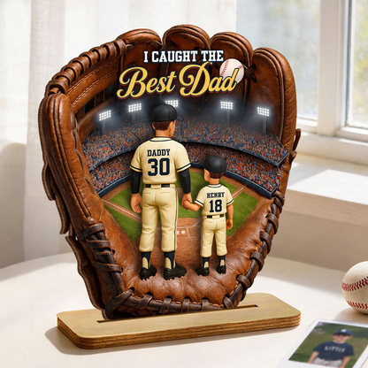 Personalized Baseball Glove Wooden Plaque for Dad – Custom Baseball Dad Gift with Kids Names, Father’s Day Decor 2-Layered Wooden Plaque