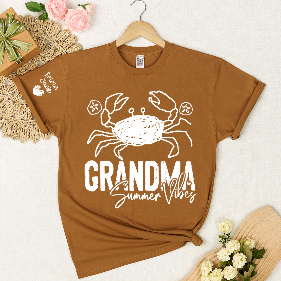 Funny Grandma Beach Shirt, Summer Vibes Crab Graphic Tee, Coastal Grandma Apparel