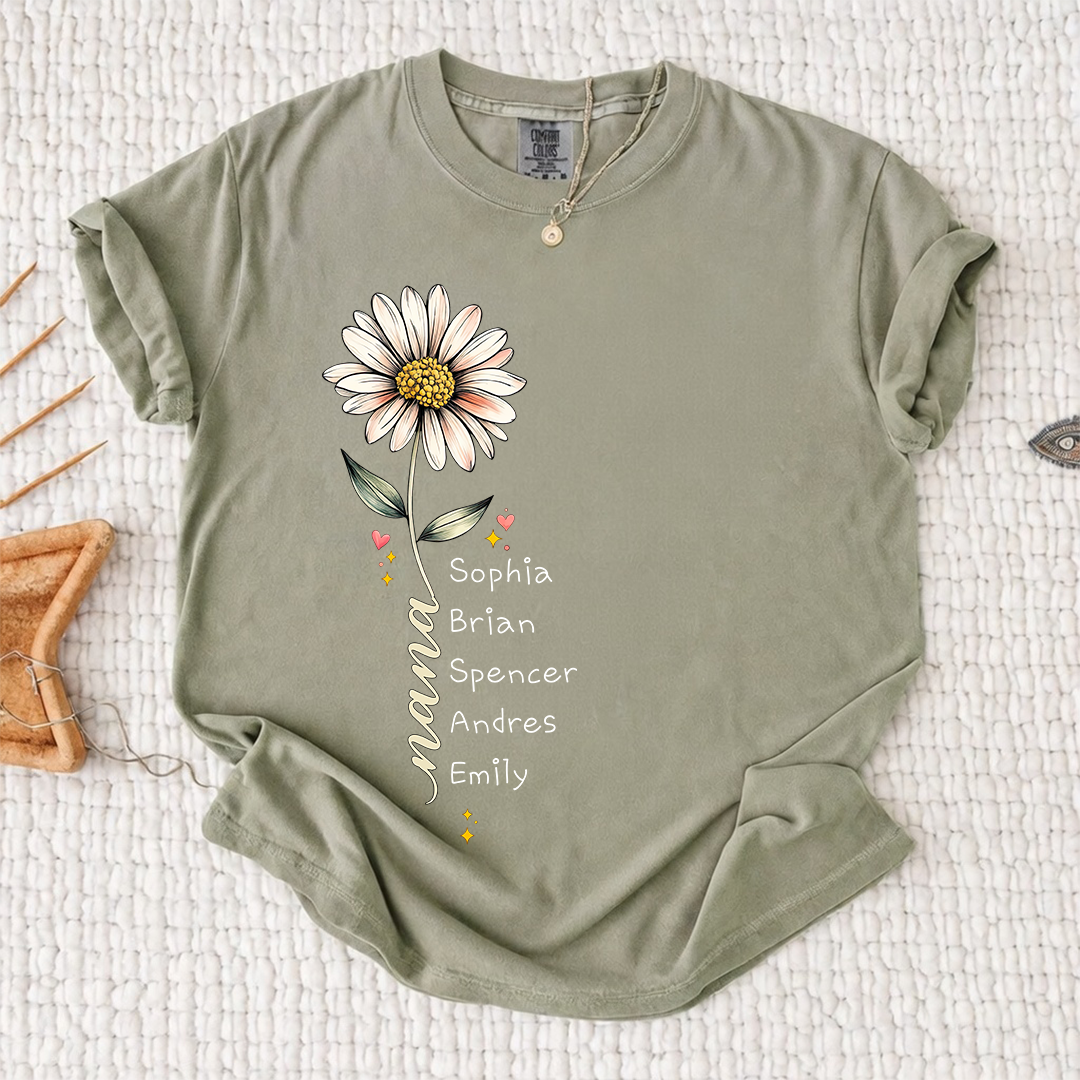 Comfort Colors Personalized Grandma Shirt Daisy Flower Design Custom Nana Mimi Gigi Name Tee with Grandkids Names Vertical Style Family Outfit for Women