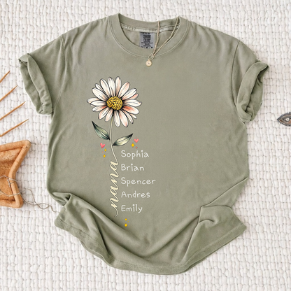 Comfort Colors Personalized Grandma Shirt Daisy Flower Design Custom Nana Mimi Gigi Name Tee with Grandkids Names Vertical Style Family Outfit for Women
