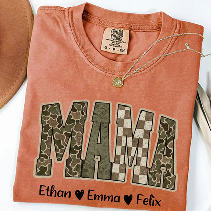 Personalized Camo Mama Shirt - Hunting Style Tee with Custom Kids Names