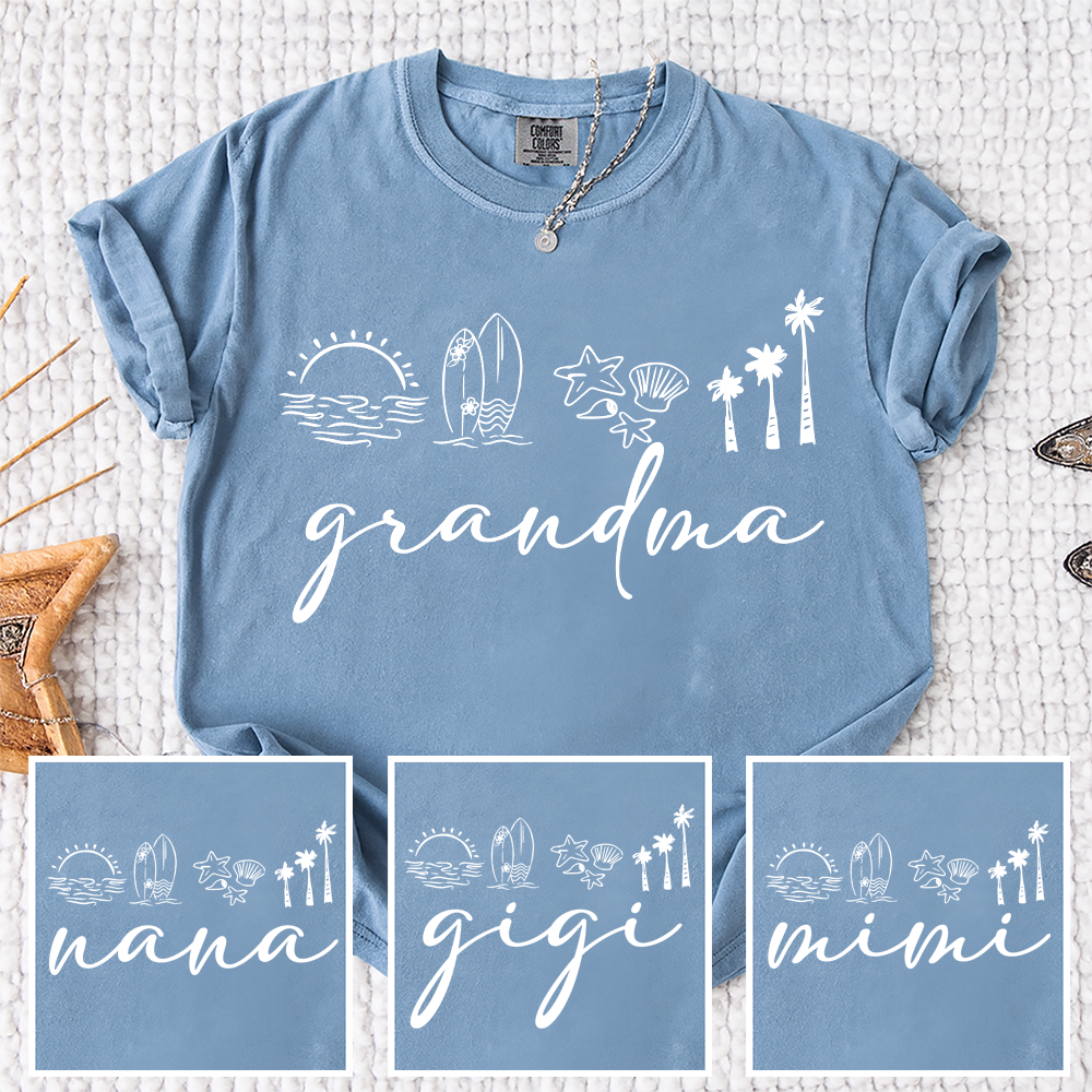 Comfort Colors® Personalized Grandma Coastal Shirt, Custom Nana Gigi Mimi Beach Shirt, Tropical Summer Vacation Shirt for Grandma