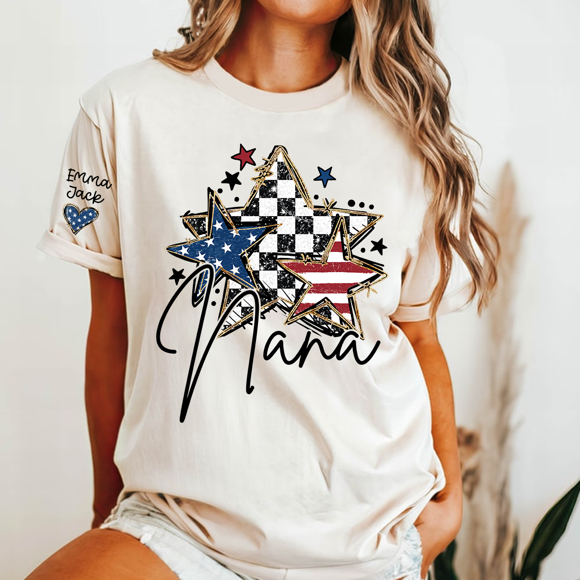 Custom Nana Flag Star T-shirt, Grandma Shirt with Kids, Mother's Day Gift for Grandma