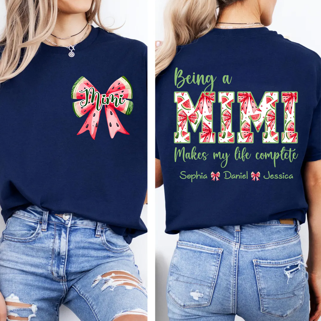 Mimi Custom Family Tee, Cute Watermelon Bow Shirt with Children’s Names, Gift for Mom Nana or Grandma