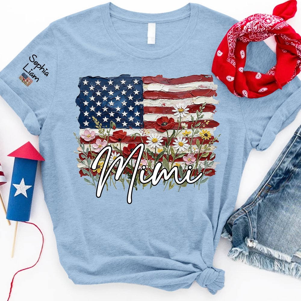 Personalized Mimi Shirt with American Flag Floral Design, Custom Grandma Name Tee, Family Gift Shirt