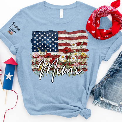 Personalized Mimi Shirt with American Flag Floral Design, Custom Grandma Name Tee, Family Gift Shirt