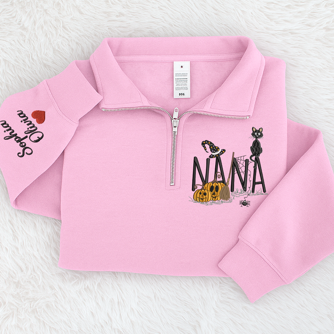 Personalized Nana Halloween Quarter Zip, Custom Embroidered Pumpkin Sweatshirt