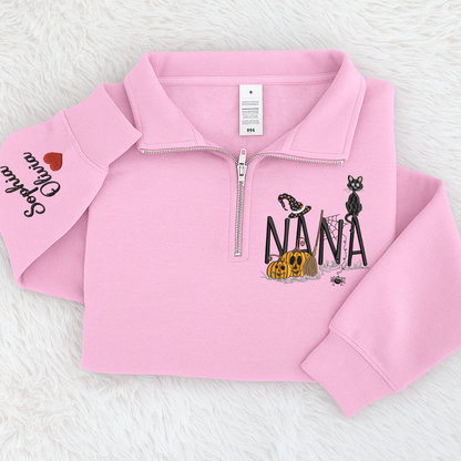 Personalized Nana Halloween Quarter Zip, Custom Embroidered Pumpkin Sweatshirt