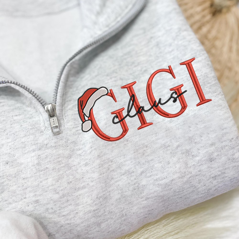 Personalized Christmas Gigi Claus Zip Embroidered Sweatshirt – Custom Grandma Gift With Grandkids Names