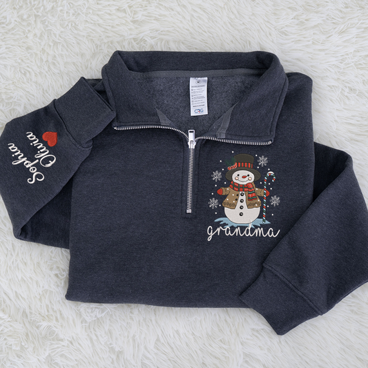 Personalized Grandma Christmas Quarter Zip, Custom Embroidered Snowman Sweater